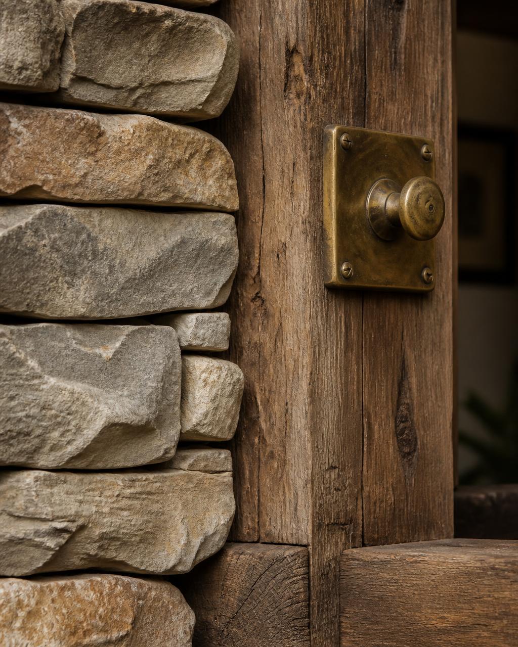 Stone, timber, and aged brass architectural detail