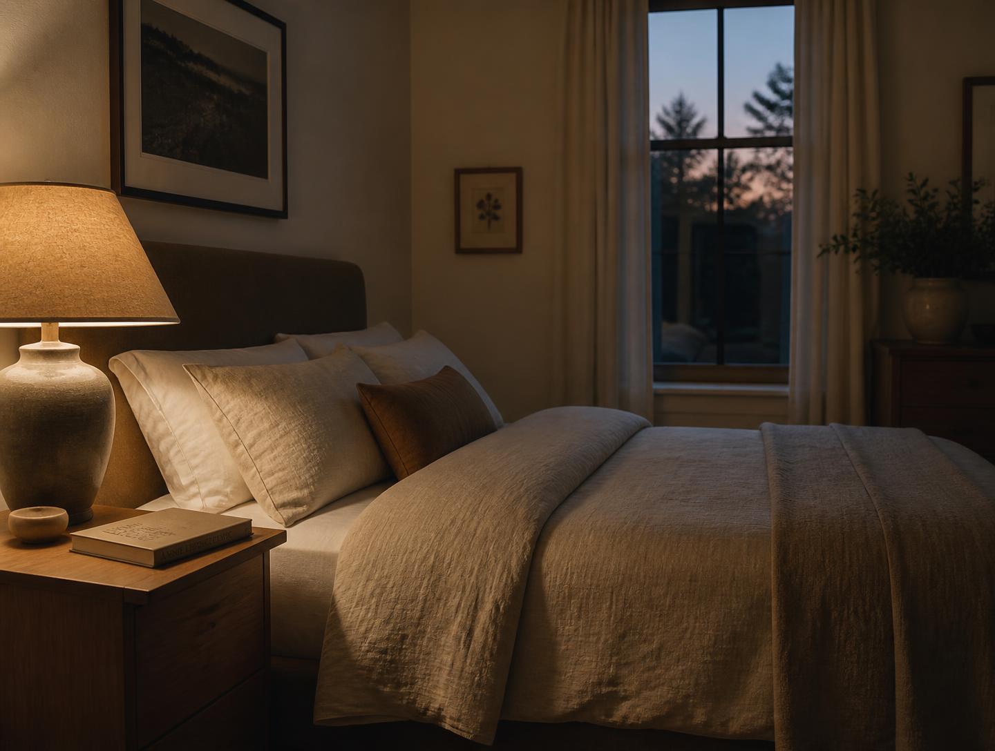 Lamp-lit bedroom at dusk with a made bed and a book on the nightstand